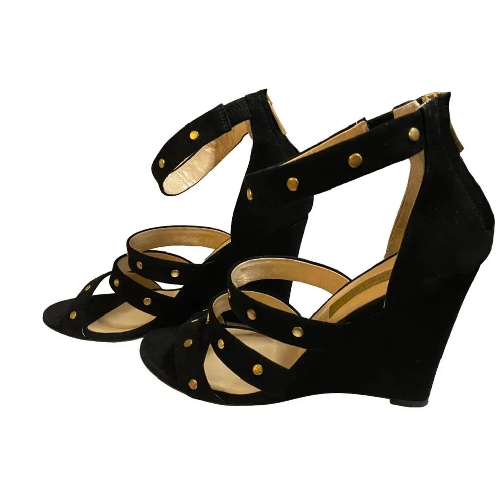 dee keller black strappy studded wedges‎ made in Italy Sz 39(8.5)